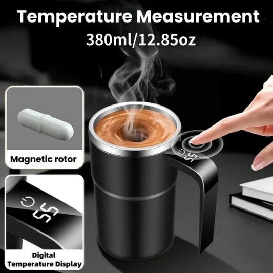 380ML Mini Electric Self-Stirring Coffee Mug – USB Rechargeable, IP67 Waterproof, Temperature Display, Stainless Steel Travel Cup