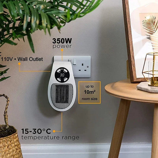 Portable Electric Mini Heater – 350W Wall Plug-in Radiator with Remote Control & LED Display | Adjustable Temperature, 12H Timer, 180° Rotating Plug | Fast Heating Hand Warmer for Home, Office & Bedroom